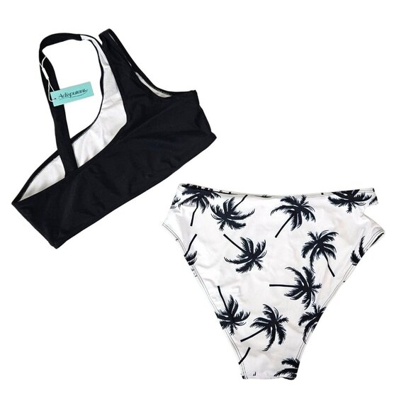 Womens XL Black & White Palm Tree High Waisted Bikini Set Asymmetric Top Sexy - Picture 2 of 7